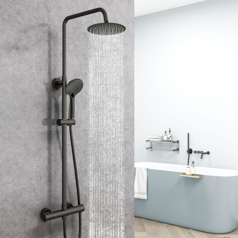 AICA ITALY Colonne Doccia Termostatiche, Sistema Doccia con Miscelatore Termostatico a 38℃, Colonna Doccia in Acciaio Inox con 8 Pollici Soffione Tondo Altezza Regolabile 735-1170mm Nero