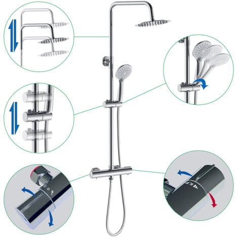 AICA ITALY Colonne Doccia Termostatiche, Sistema Doccia con Miscelatore Termostatico a 38℃, Colonna Doccia in Acciaio Inox con 8 Pollici Soffione Tondo Altezza Regolabile 735-1170mm Cromo