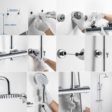 AICA ITALY Colonne Doccia Termostatiche, Sistema Doccia con Miscelatore Termostatico a 38℃, Colonna Doccia in Acciaio Inox con 8 Pollici Soffione Tondo Altezza Regolabile 735-1170mm Cromo