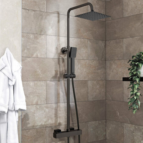 AICA ITALY Colonna Doccia con Miscelatore Termostatico, Sistema Doccia Antiscottatura, Set Doccia con Soffione a 20cm Pioggia e 40x280mm Rubinetto, Altezza Regolabile 74-117 cm Nero