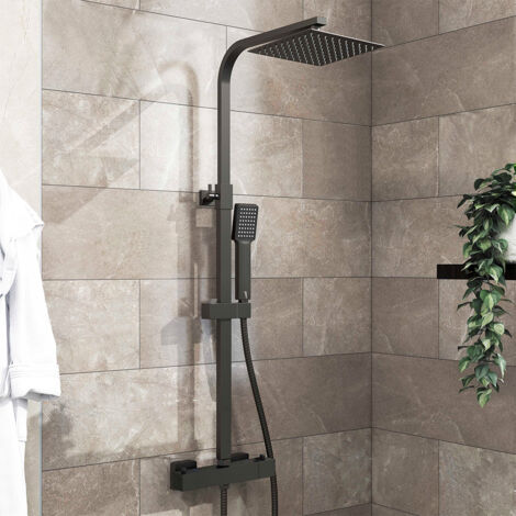 AICA ITALY Colonna Doccia con Miscelatore Termostatico, Sistema Doccia Antiscottatura, Set Doccia con Soffione a 20cm Pioggia e 40x280mm Rubinetto, Altezza Regolabile 73-115 cm Nero
