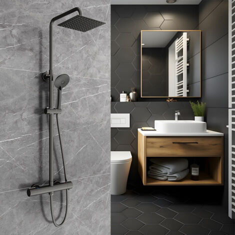 AICA ITALY Colonna Doccia con Miscelatore Termostatico, Sistema Doccia Antiscottatura, Set Doccia con Soffione Quadrato 20cm e 108mm Doccetta, Altezza Regolabile 74-117 cm Nero