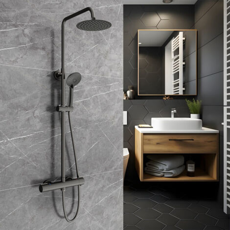 AICA ITALY Colonna Doccia con Miscelatore Termostatico, Sistema Doccia Antiscottatura, Set Doccia con Soffione Tondo 20cm e 108mm Doccetta, Altezza Regolabile 74-117 cm Nero