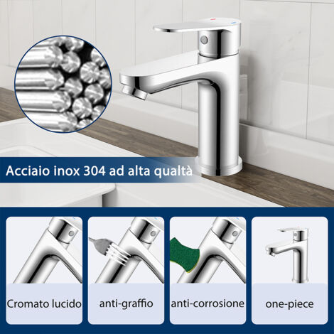 Rubinetto Lavabo Tondiy Solo Acqua Fredda - Cromato, In Acciaio Inox 304 Con Tubo Flessibile