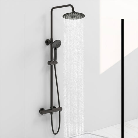 AICA Colonne doccia termostatiche, set doccia con soffione rotondo 25x25cm in acciaio inox e rubinetto termostatico 300x45mm, sistema antiscottature, nero