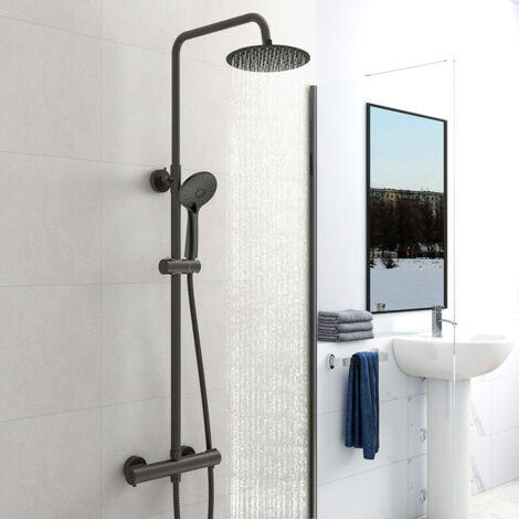 AICA Colonna Doccia con Miscelatore Termostatico Inox - Doccia Set con 8 pollici Soffione e Doccetta Rotondi Sistema Doccia - Altezza Regolabile 73CM-117CM Nero