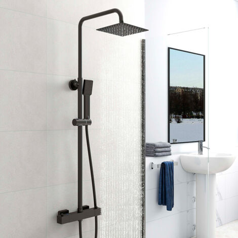 AICA Colonna Doccia con Miscelatore Termostatico Inox - Doccia Set con 8 pollici Soffione e Doccetta Quadrati Sistema Doccia - Altezza Regolabile 74CM-117CM Nero