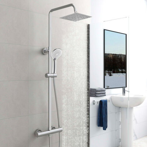 AICAIT Cromato Colonna Doccia con Miscelatore Termostatico, Set Doccia Termostatico, Set Doccia a Pioggia con Soffione Quadrato 20x20 cm e Doccetta a 3 getti