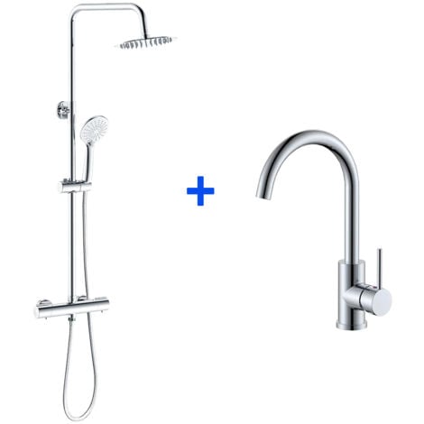 Colonna Doccia Termostatica AICA Nera - Soffione Quadrato 20x20cm, Doccetta, Regolabile In Altezza - Foto 2