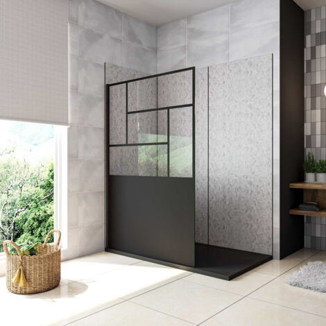 Doccia Walk In Parete Fissa Vetro Temperato 8 mm Anticalcare 100x200cm Semitrasparente Riquadri Nero Serigrafato