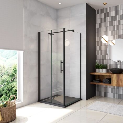 190cm Box Doccia Angolare Porta Battente Pieghevole con Parete Fissa 90x100cm in Vetro Temperato 5 mm Anticalcare Barra Stabilizzatrice da 90 cm Nera Opaca (1/5)
