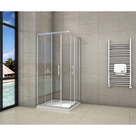 Box Doccia Angolare Doppie Porte Scorrevoli In Vetro 6mm Temperato Anticalcare Trasparente e Telaio Cromo Lucido 76x76x195 cm