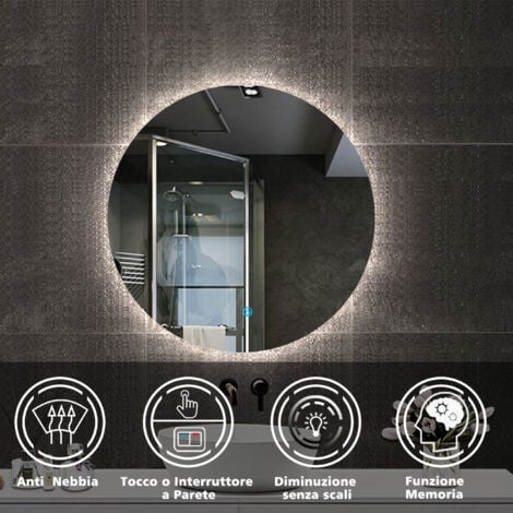 Aica Specchio da bagno a LED, Diametro 100cm, Disappannamento, Funzione Memoria, Estetica Elegante