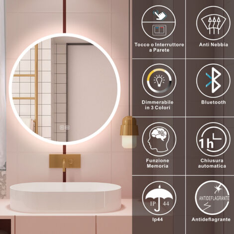 Specchio Da Bagno A LED 61x81 Cm, Antiappannamento, Dimmerabile, Temperatura Colore 3000-6000K, Memoria, IP44, Bianco