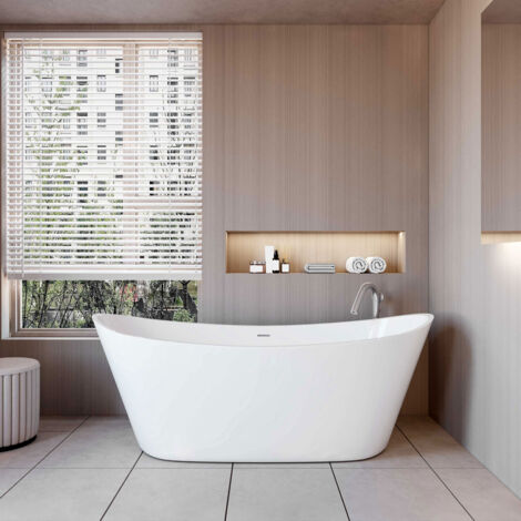 Vasca da Bagno a Isola Freestanding in Acrilico da 170x72x65 cm, Colore Bianco, Forma di Barca Ovale