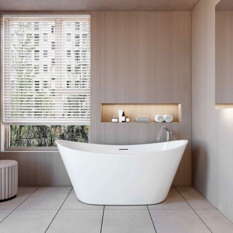 Vasca da Bagno a Isola Freestanding in Acrilico da 150x72x65 cm, Colore Bianco, Forma di Barca Ovale