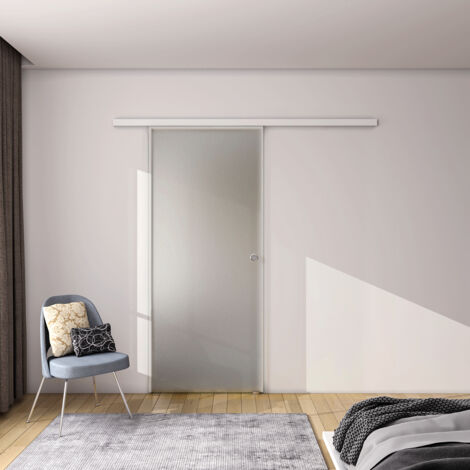95x225 cm Porta Scorrevole in Vetro da 8 mm Temperato Opaco con Pellicola Anti-frantumi con Binario in Alluminio Bianco Verniciato