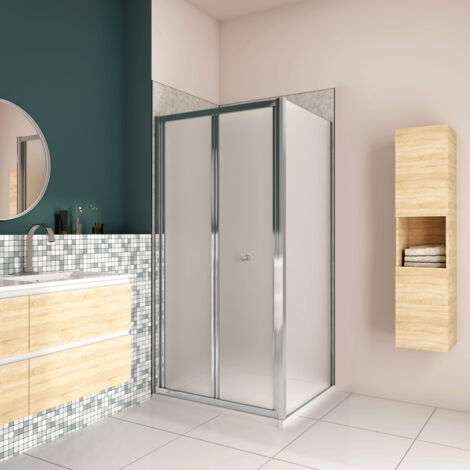 185cm Box Doccia Angolare Porta a Soffietto con Parete Fissa 100x80cm in Vetro Temperato Satinato Opaco 5 mm Profilo Cromato Lucido