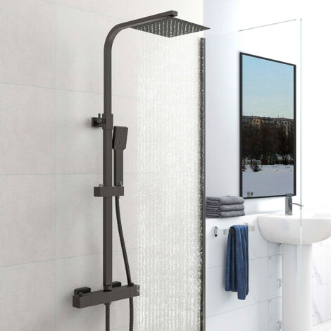 AICA Colonna Doccia con Miscelatore Termostatico Inox - Doccia Set con 8 pollici Soffione e Doccetta Quadrati Sistema Doccia - Altezza Regolabile 73CM-115CM Nero