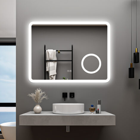AICA 80 x 60 cm Specchio da bagno con LED,Rettangolo,Disappannamento,Touch,Memoria,Dimmerabile,Retroilluminato,Tre colori,bluetooth,Magnificatore
