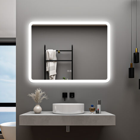 AICA 80 x 60 cm Specchio da bagno con LED,Rettangolo,Disappannamento,Touch,Memoria,Dimmerabile,Retroilluminato,Tre colori,bluetooth