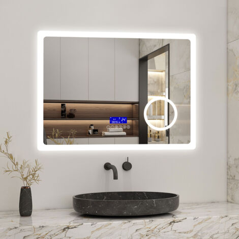 AICA 80 x 60 cm Specchio da bagno con LED,Rettangolo,Disappannamento,Touch,Memoria,Dimmerabile,Retroilluminato,Tre colori,bluetooth,Magnificatore,Orologio