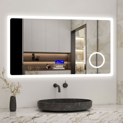 AICA 140 x 80 cm Specchio da bagno con LED,Rettangolo,Disappannamento,Touch,Memoria,Dimmerabile,Retroilluminato,Tre colori,bluetooth,Magnificatore,Orologio