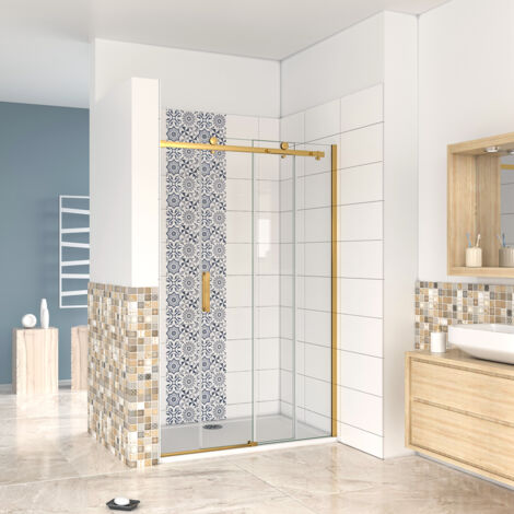Box Doccia Per Nicchia Porta Scorrevole Ingresso Laterale in Vetro 8 mm Temperato Trasparente Anticalcare Telaio Cromato Lucido Finitura Oro 140x195 cm