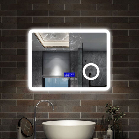 AICA - Specchio con led 80X60cm.Bluetooth + Ingrandimento 3X + orologio + Antiappannamento