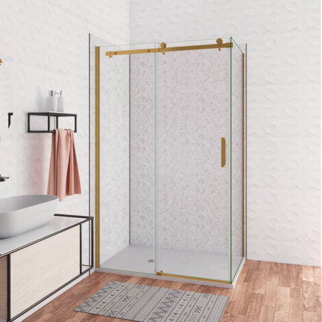 Box Doccia Angolare 120X90 cm H.195 cm Porta Scorrevole con Parete Fissa Vetro 8 mm Temperato Anticalcare Trasparente Telaio Cromo Dorato