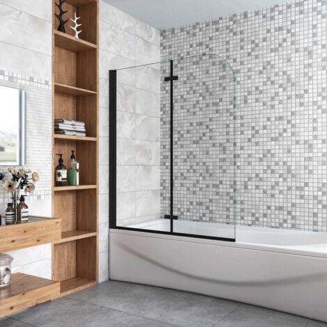 Sopravasca da Bagno Parete Vasca Doccia 90x140 cm Due Ante Movibili Vetro Temperato Trasparente 6 mm Anticalcare Telaio Nero Opaco