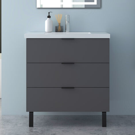 Mobile Bagno Sospeso Con Piedini e Lavabo,Larghezza 79 cm,Dotato di 3 Cassetti,Stile Moderno,Sistema di Chiusura Soft-Close,Finitura Antracite Opaca (1/5)
