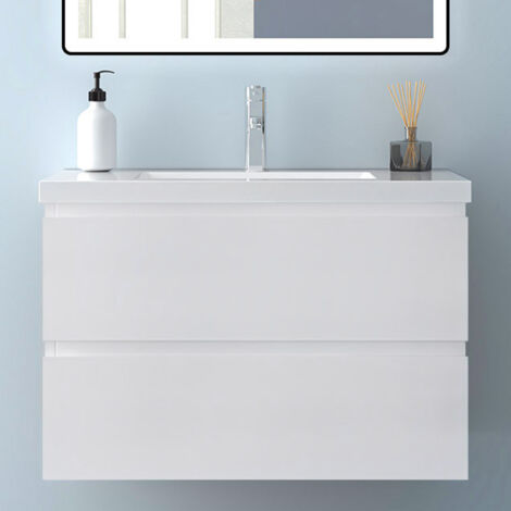 Mobile Bagno Sospeso Con Lavabo,Larghezza 79 cm,Con 2 Cassetti,Mobile Bagno in Stile Moderno Con Funzione di Chiusura Ammortizzata,Bianco Opaco.