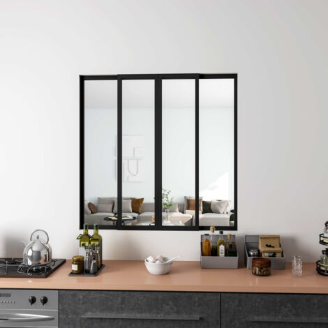 Vetrata Scorrevole Interna 123x108 cm in Vetro Temperato 4 Lastre Corniciate Profilo Nero Opaco Divisorio da Casa