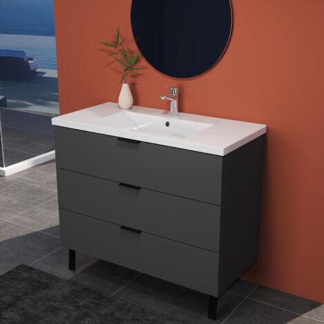 AICA - Mobile Bagno Sospeso 99cm + 3 Cassetti + Soft-Close + Lavabo Incluso + Antracite (1/5)