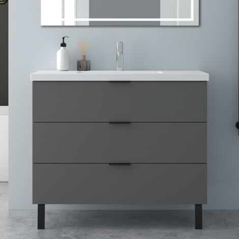 Mobile Bagno Sospeso Con Piedini e Lavabo,Larghezza 99 cm,Dotato di 3 Cassetti,Stile Moderno,Sistema di Chiusura Soft-Close,Finitura Antracite Opaca (1/5)