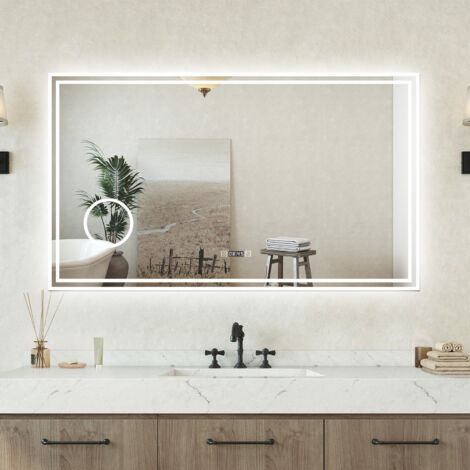 Specchio bagno Rettangolare 160x80cm Led Con 3 Luci + 3X Lente d'ingrandimento + Orologio + Antiappannamento