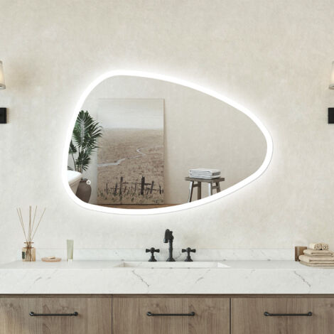 Specchio bagno Asimmetrico 80x55cm Retroilluminato Con Led, Antiappannamento + 3 Luci + Antiappannamento