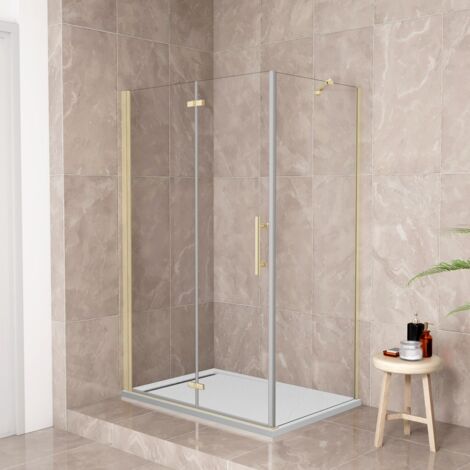 185 cm Box Doccia Angolare 100x100cm Porta Battente Pieghevole 100 Parete Fissa 100 Vetro Temperato 6 mm Anticalcare Barra Stabilizzatrice da 45 cm Dorato Spazzolato (1/5)