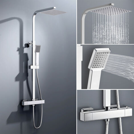 colonna doccia quadrata completo di miscelatore termostatico rettangolo, soffione quadrato 25x25cm, cromo