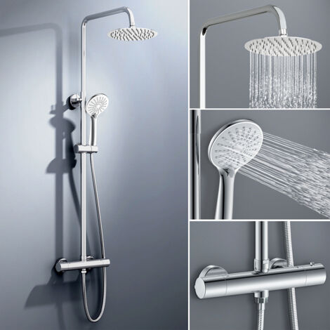 colonna doccia rotonda completo di miscelatore termostatico cilindro, soffione rotondo 20x20cm, cromo