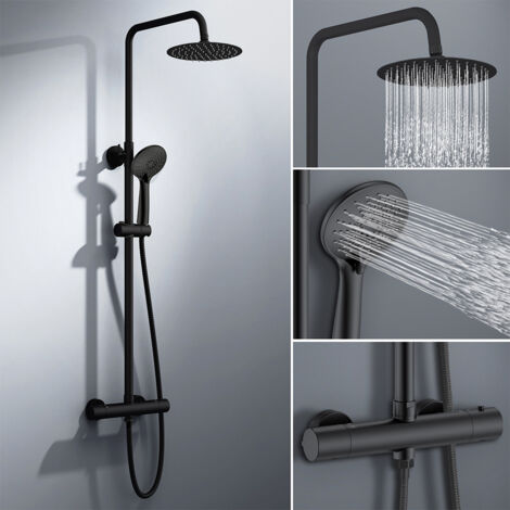 colonna doccia rotonda completo di miscelatore termostatico cilindro, soffione rotondo 20x20cm, nero