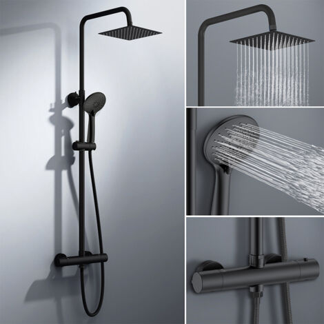 colonna doccia rotonda completo di miscelatore termostatico cilindro, soffione quadrato 20x20cm, nero