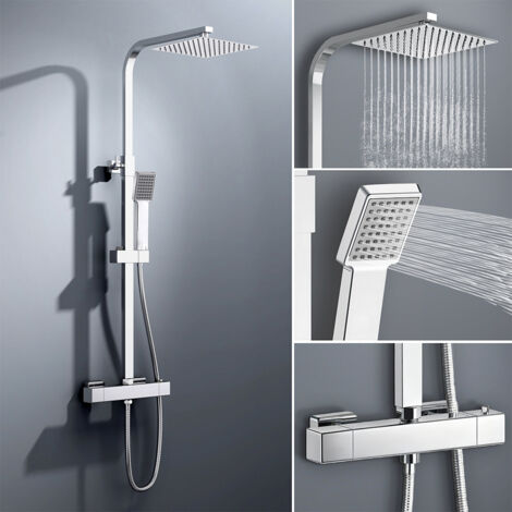 colonna doccia quadrata completo di miscelatore termostatico rettangolo, soffione quadrato 20x20cm, cromo