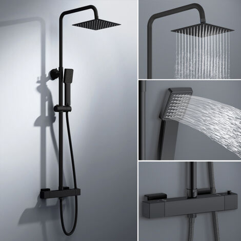 colonna doccia rotonda completo di miscelatore termostatico rettangolo, soffione quadrato 20x20cm, nero