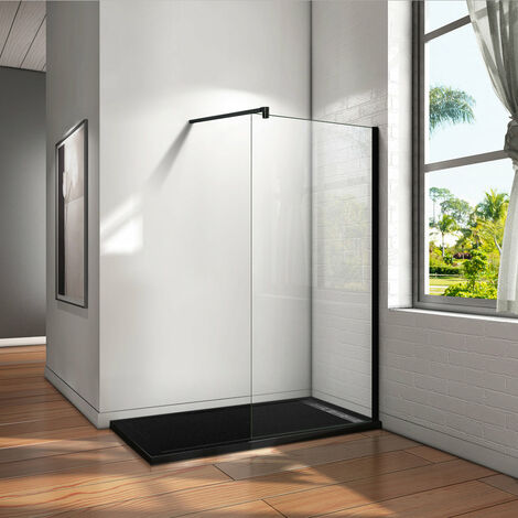 Parete Doccia Walk In Vetro 8mm Temperato Trasparente Anticalcare Con Barra Stabilizzatrice 90cm Nero Opaco 60x200cm
