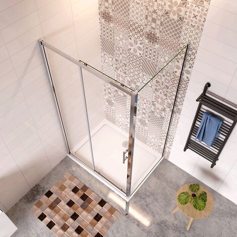 185 cm Box Doccia Angolare Porta Scorrevole con Parete Fissa Vetro Temperato 5 mm Trasparente Telaio Cromato Lucido 140x90 cm