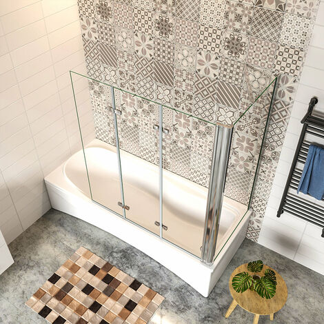 130x140cm Parete Doccia Sopravasca Angolare 3 Ante Pieghevoli con Parete Laterale 75 cm Vetro Temperato 6 mm Trasparente Anticalcare Cromato Lucido