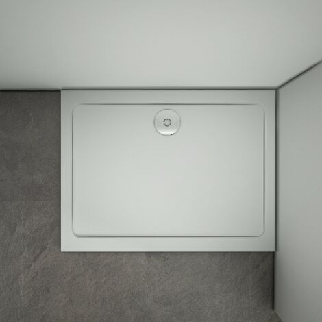 Piatto Doccia In Marmo Minerale e Resina Mista Ultra Sottile Bianco Lucido Antiscivolo Antibatterico 110x80x3cm Rettangolare