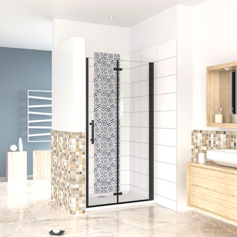 120x190cm Porta Doccia per Nicchia Apertura Battente Pieghevole in Vetro Temperato Trasparente 5 mm Anticalcare Telaio Nero Opaco